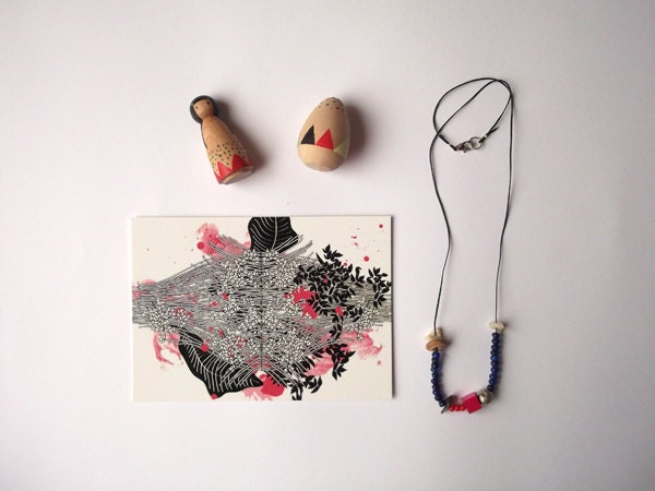 Goodie bag 6 - postcard, little wooden toys and necklace