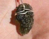 Moldavite Green Meteorite Wire Wrapped with Argentium Silver Stone Pendant