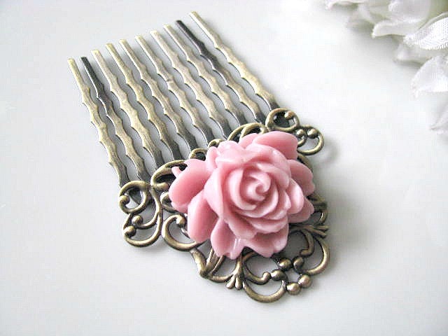 Pink Rose Flower Antique Brass Filigree Hair Comb - Bride, Bridesmaid Hair Accessory