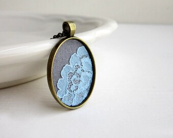 Rain Cloud Necklace, Vintage Pastel Blue Lace Jewelry, Gray Necklace, Sky Blue Pendant, Pastel Blue Jewelry