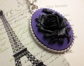 Purple Oval Necklace - Black Lapis Rose Pendant Long Silver Chain Cameo Gothic