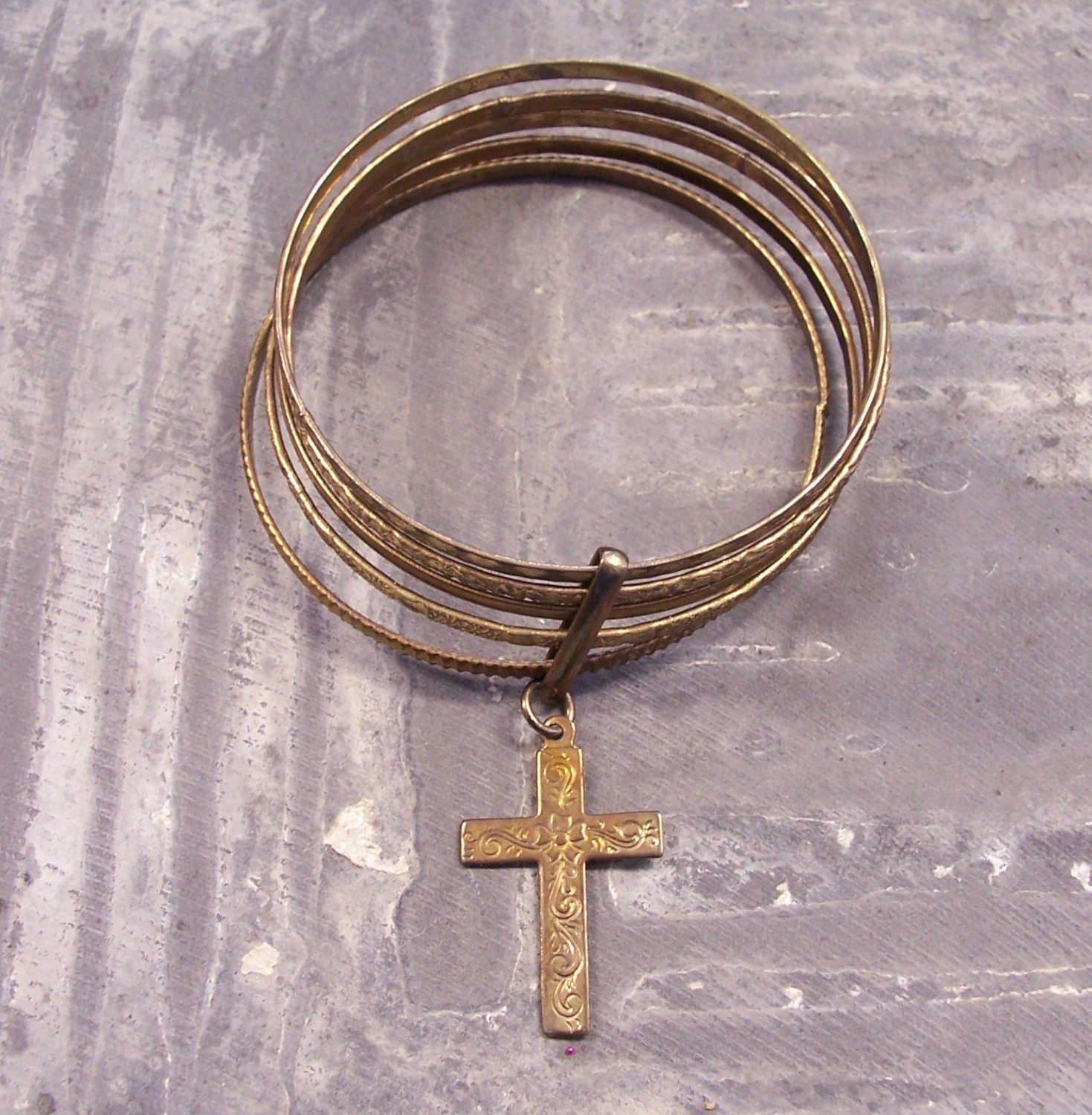 VINTAGE Bangle BRACELETS Brass Bangles With Connector and Cross Five (5) Bracelets Vintage Religious Jewelry Destash (M133)