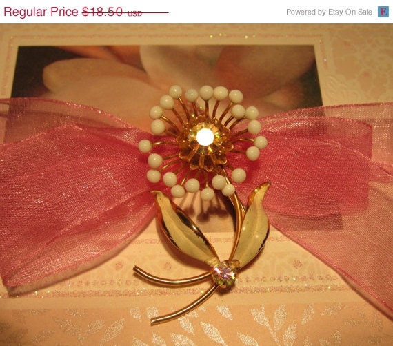 Vintage AB Rhinestone White Beaded Flower Brooch