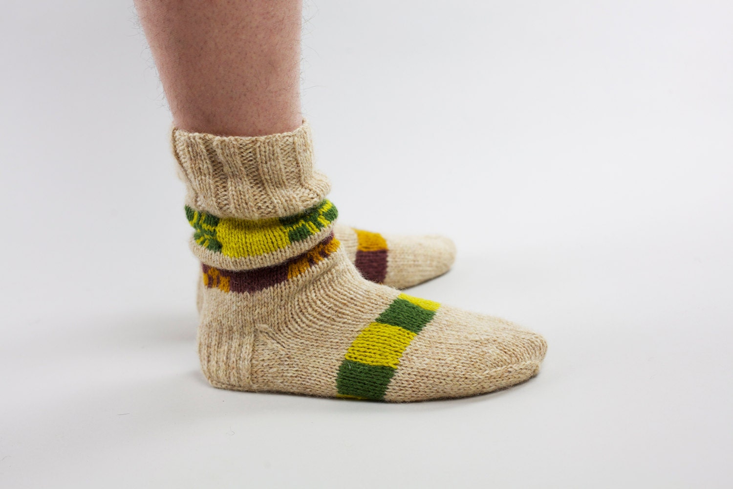 Natural beige wool hand knitted socks with folk motives for women and men