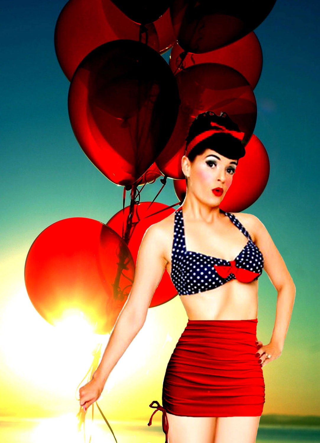 Rita Bikini  Retro Top & Attached Skirt Tummy Control bottoms in Small Navy Dot and Red