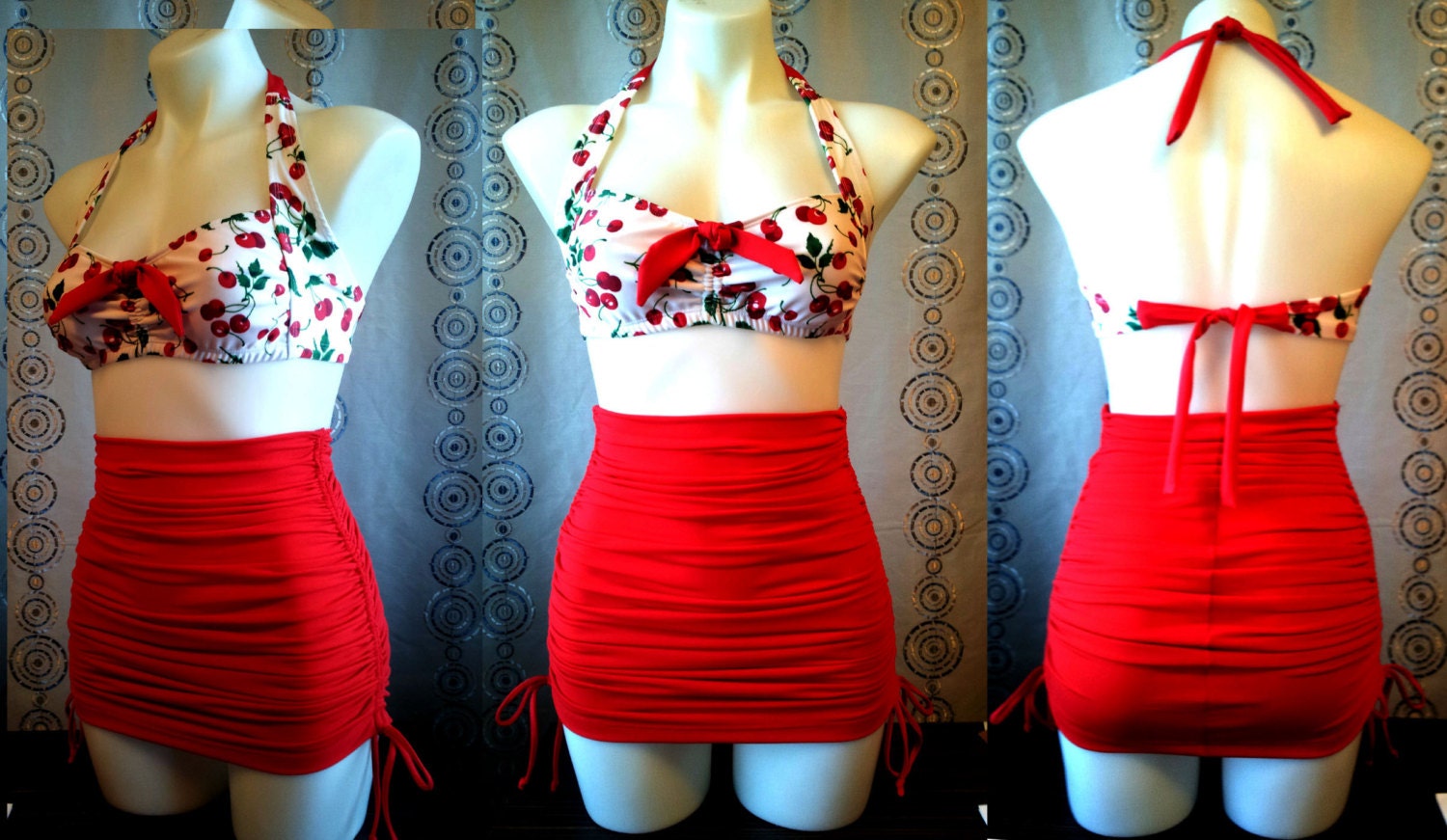 Rita Bikini  Retro Top & Attached Skirt Tummy Control bottoms in White Cherry and Scarlet