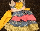 Pink, Blue and Yellow Fabric Flower Crown and Apron Set - Dress up Set - Fabric Flower Crown - Kids Ruffle Tie Back Half Apron - Gift Set