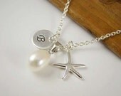 4 Bridesmaid Starfish Necklaces, Personalized Sterling Silver Initial Necklaces, Beach Wedding Jewelry