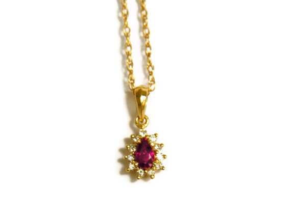 Vintage 14K Gold Ruby Diamond Pendant Necklace Solid Gold Chain Fine Jewelry Valentine's Day Gift