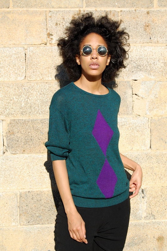 Teal with purple diamonds thin slouchy sweater 1980s