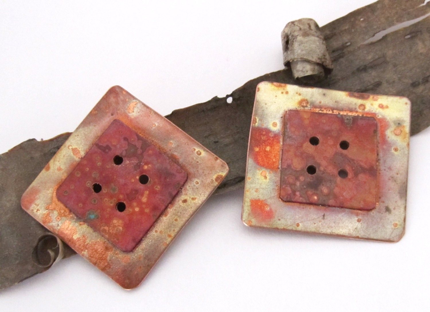 PAIR of Square in Square Copper Buttons - Copper Buttons - Decorative Buttons - 1 3/16 inch