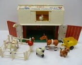 Vintage Fisher Price Barn Family Farm with animals, Horse, cart, dog, sheep, chicken, fence etc.
