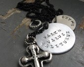 BE STRONG - mens layered silver Latin stamped tag, cross & metalwork ring charm, black chain NECKLACE