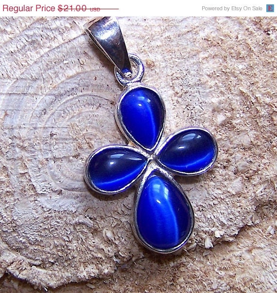 ON SALE Vintage Flower Girl Wedding Birthday or Confirmation Gift Blue Enamel Retro Daisy Petal Shaped Sterling Silver Cross