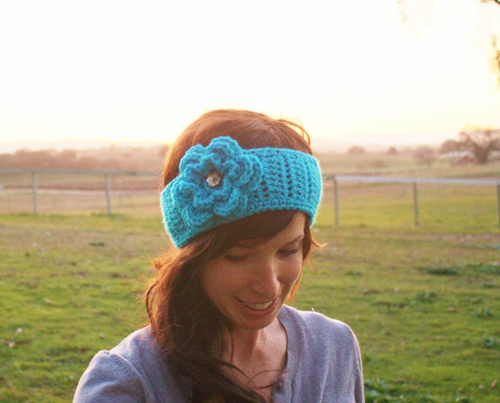 Crochet Headband Holiday in Turquoise with Flower--Ready to Ship