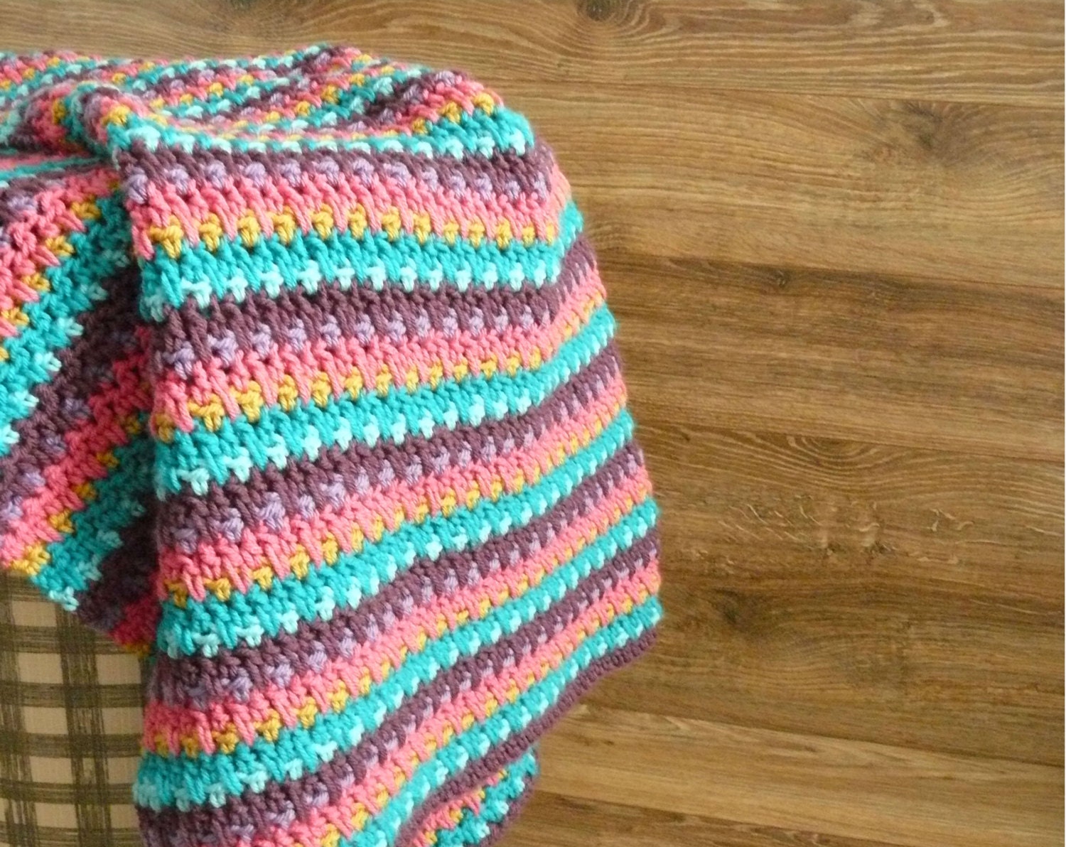 Colorful baby blanket - crochet baby afghan, turquoise purple pink mustard and teal ikat stripes