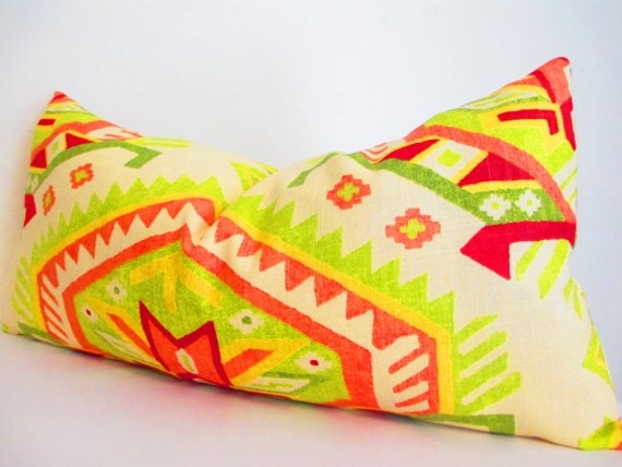 White Aztec Lumbar Pillow, Decorative Pillows, Tribal Accent Pillow, Lumbar Cushion, Geometric, Lime Green, Red, Pink, Orange 14x28 Inch