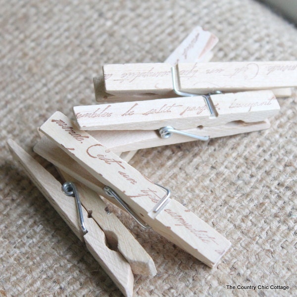 French Script Stamped Clothespins Set of 5 in Brown Ink