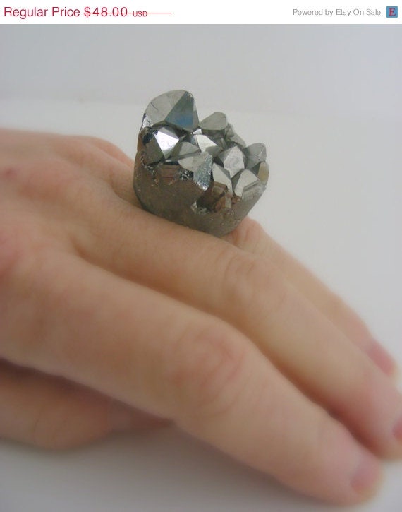 ON SALE Druzy Ring - Silver Mountain - Huge Drusy Titanium Gemstone - Super Cocktail Statement Gold Ring - Adjustable - Handmade