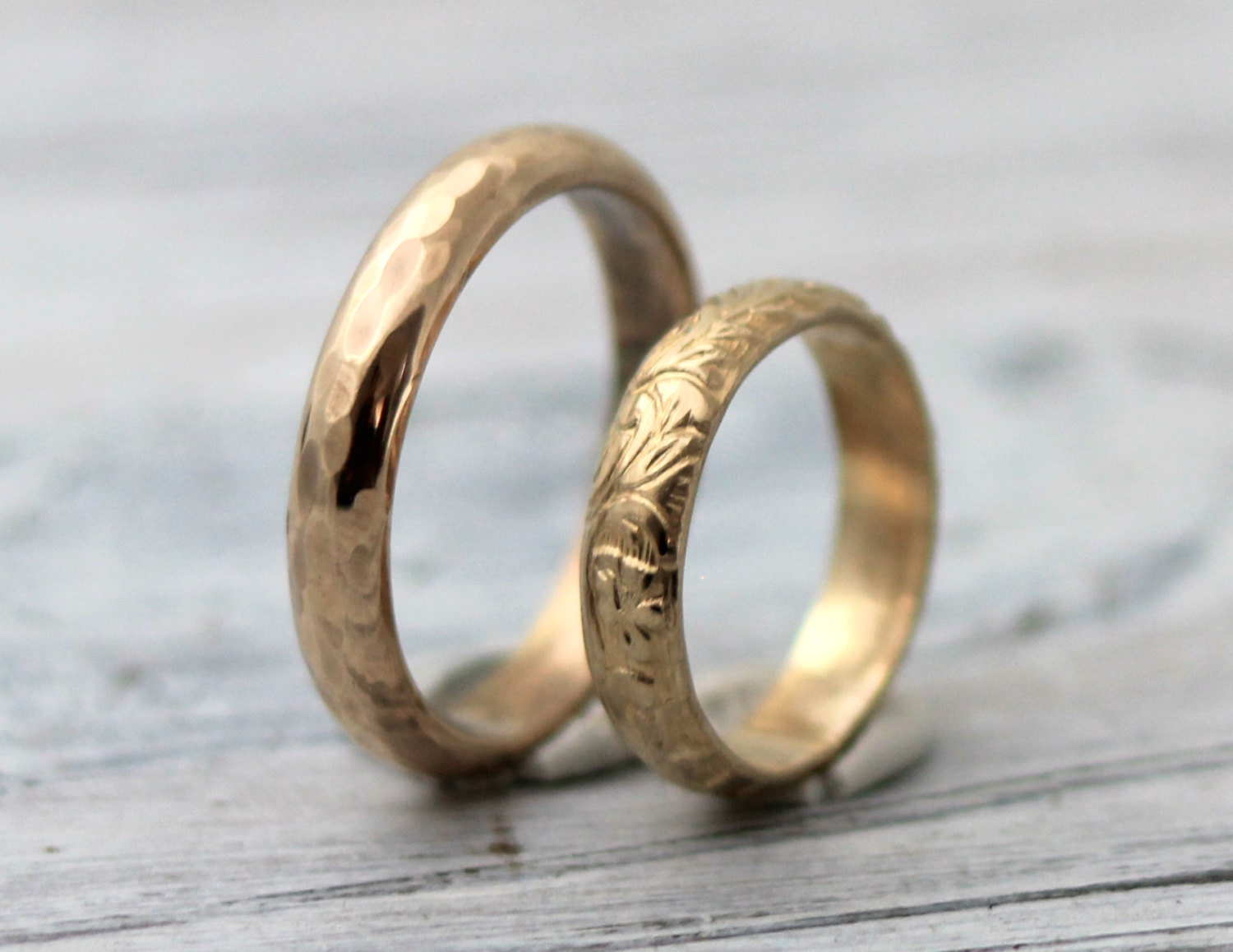 His and Hers -Modern Hammered & Classic Renaissance Pattern 14K Gold Filled Band Set w Secret Message - Modern Meets Classic