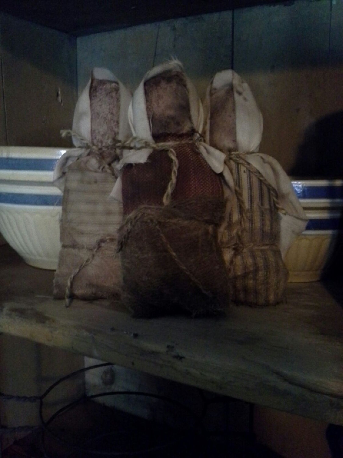 Set of 3 Primitive Handmade Prairie Dolls Bowl Fillers