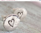 ON SALE Hand Stamped Sterling Silver Little Heart Post Earrings - Sweet Gift for Young Woman, Teenager, Her