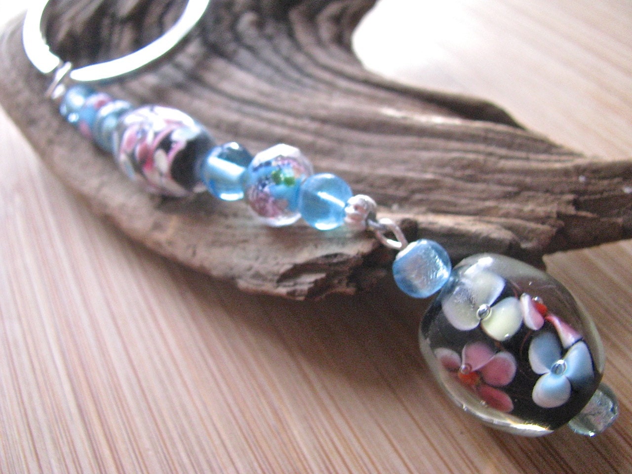 Pink and Blue Lampwork Beaded  Keychain with Large Split Ring Key Holder