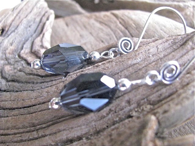 Midnight Blue Crystal and Silver Spiral Long Dangly Earrings