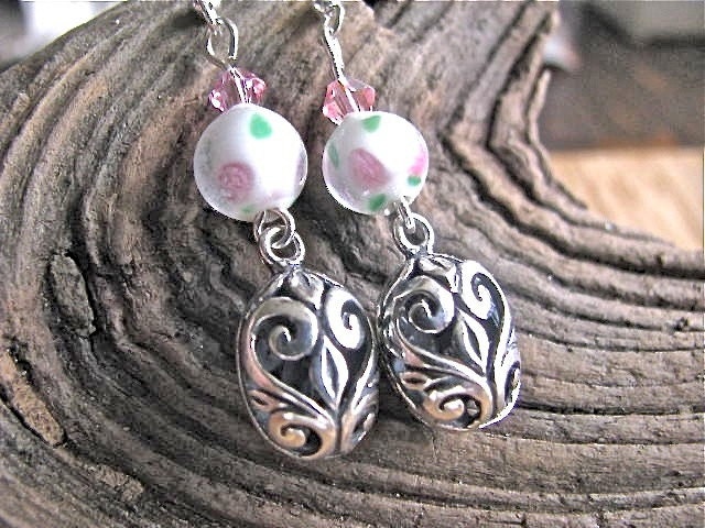 Lampwork Rose, Swarovski Crystal and Silver Filigree Easter Egg Earrings