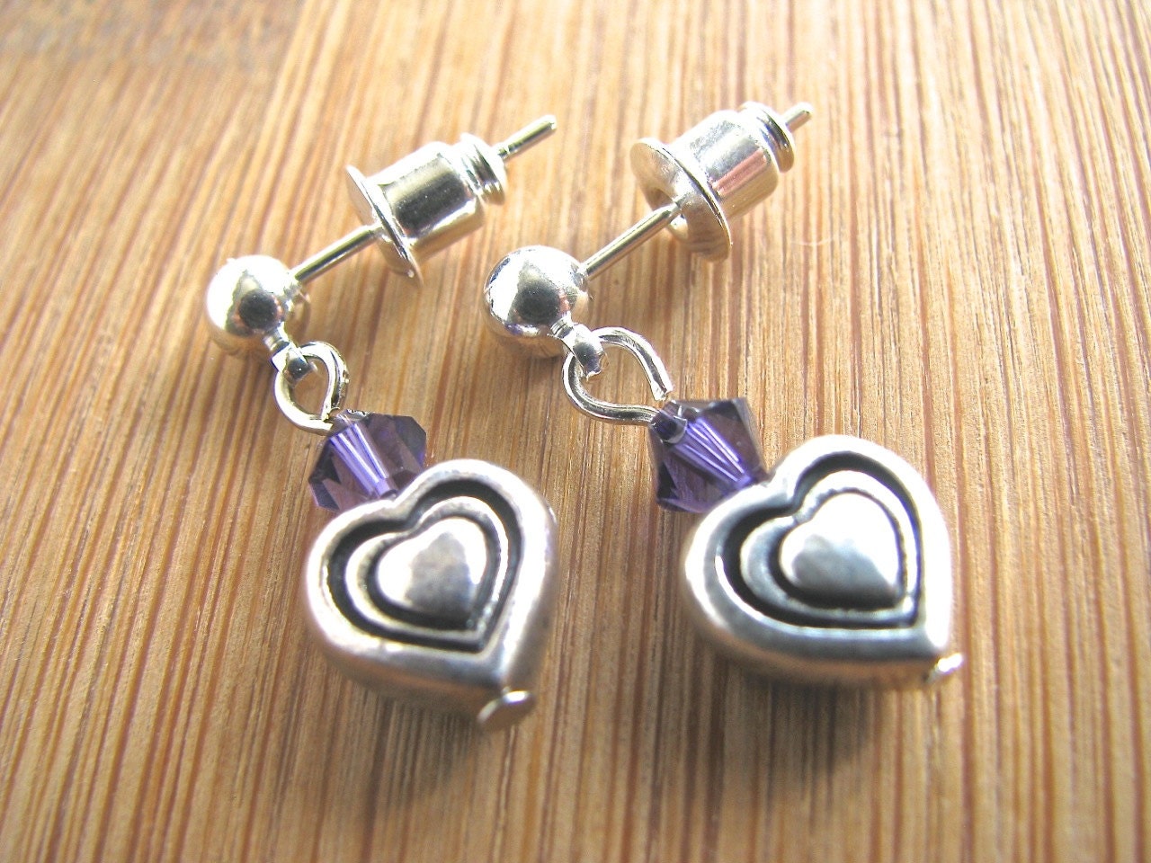 Tiny Silver Heart and Dark Amethyst Crystal Dangly Earrings