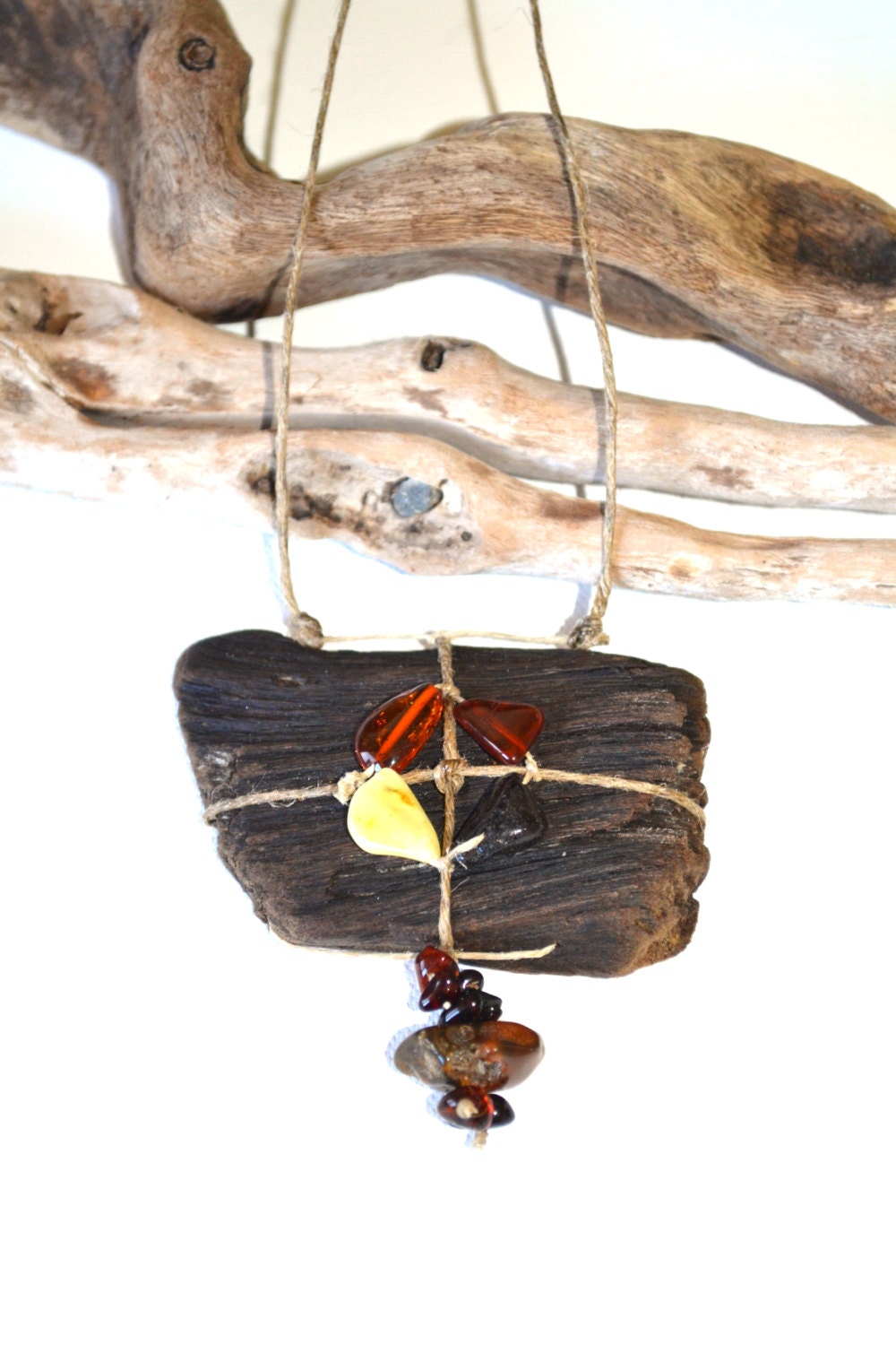 Handmade necklace from drift wood and natural Baltic Sea amber
