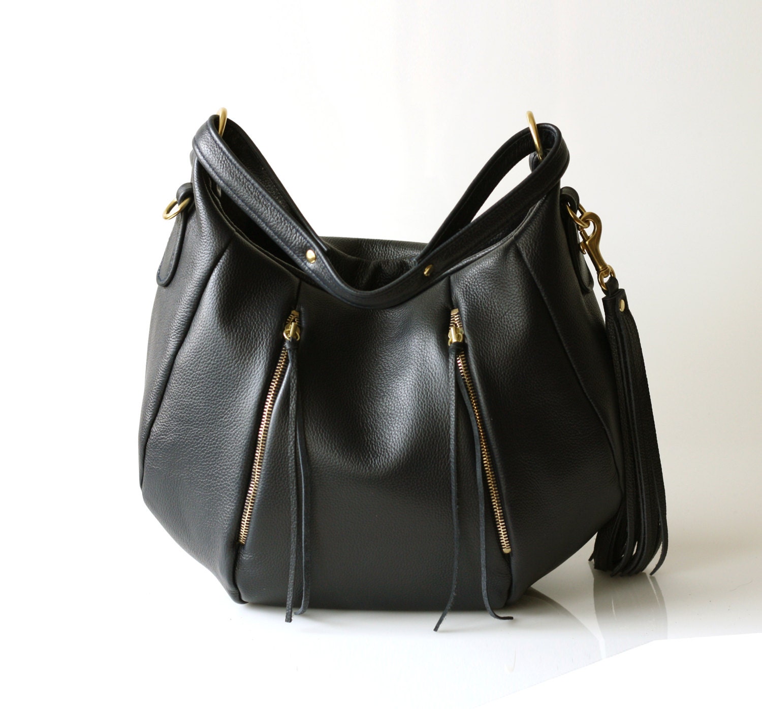 SALE Leather Handbag Purse - OPELLE Ballet Bag - Large Size in Black Pebbled Leather