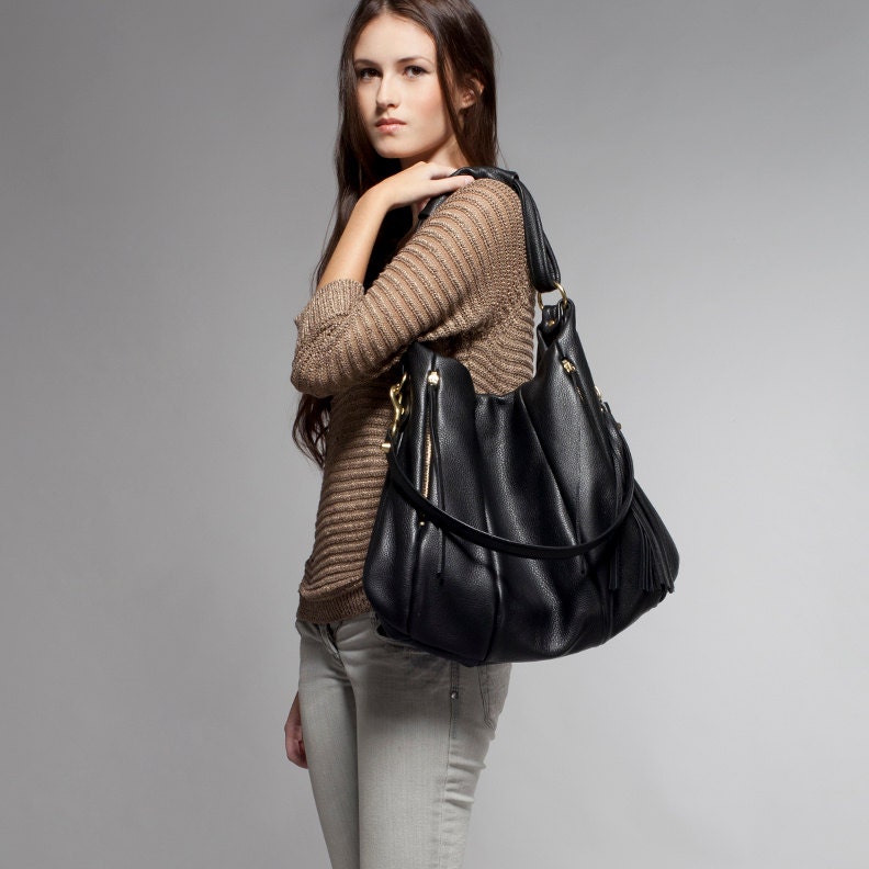Black Leather bag - OPELLE Lotus Weekender - NEW Oversized leather bag with Zipper Pockets