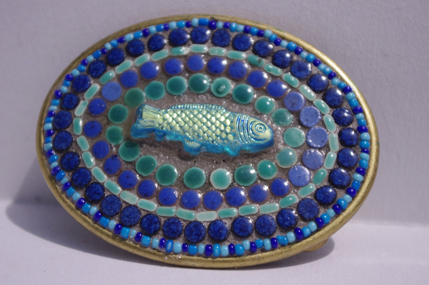 Lucky Blue Fish Mosaic Belt Buckle