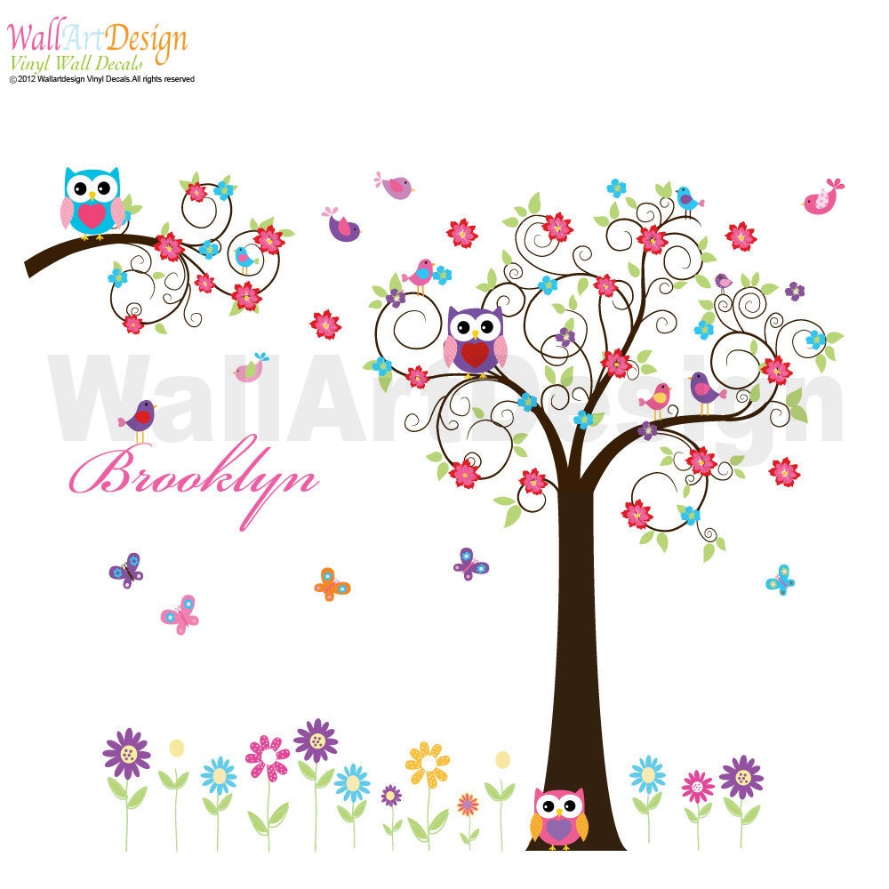 Custom listing Swirl Tree and branch set with leaves,flowers birds,owls vinyl wall decal sticker nursery girls