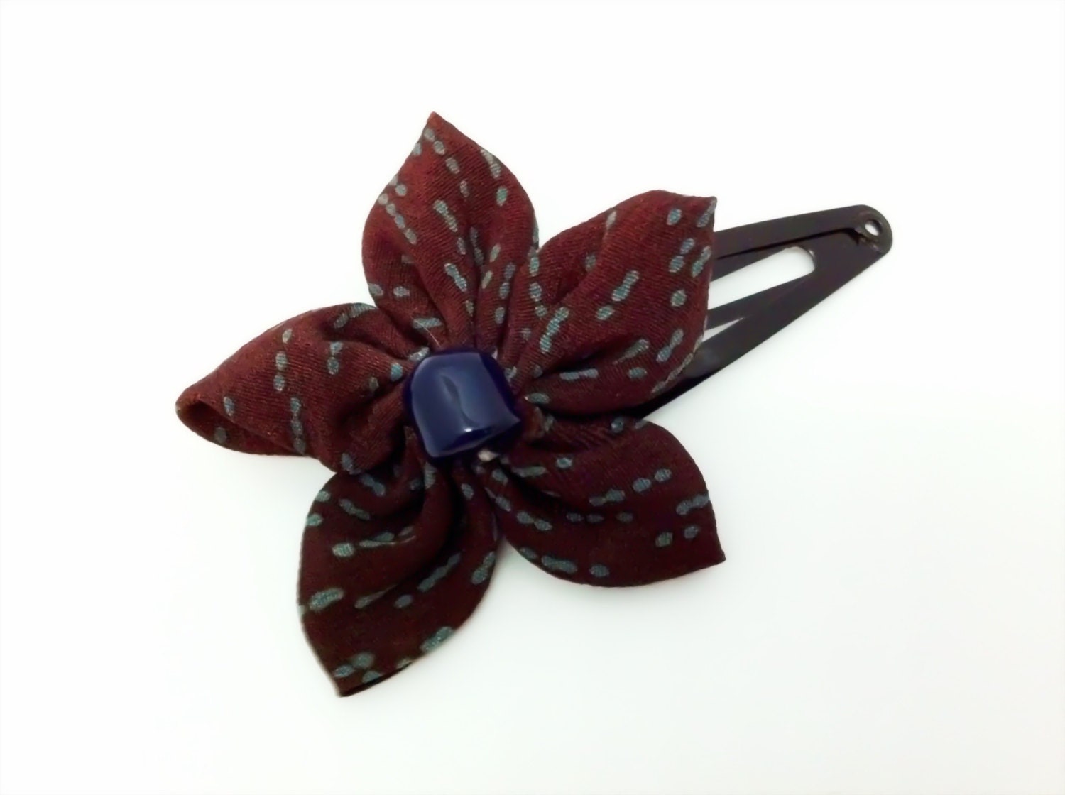 Fabric flower hairclip, Japanese Kanzashi, brown and blue abstract print with a blue bead
