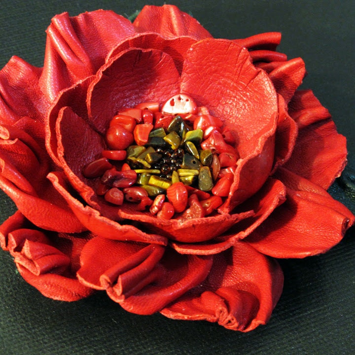 Red Leather Flower Pin Brooch with Beaded Center Corsage or Scarf Pin ... 3 Year (leather) Anniversary Gift