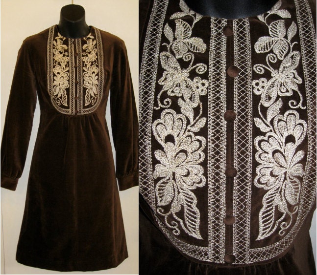Vintage 1960's Ethnic Butterfly Embroidered Brown Cotton Velvet Mini Dress size Medium