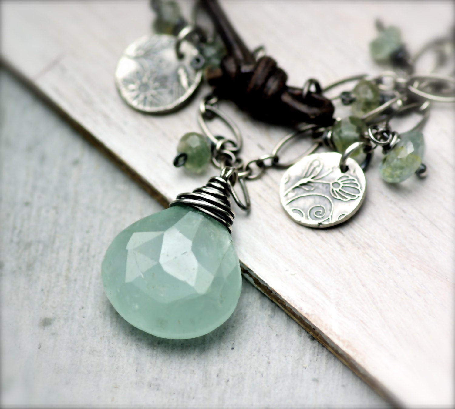 Rustic Aquamarine Gemstone Necklace, Aquamarine and Leather Necklace, Fine Silver, Sterling Silver