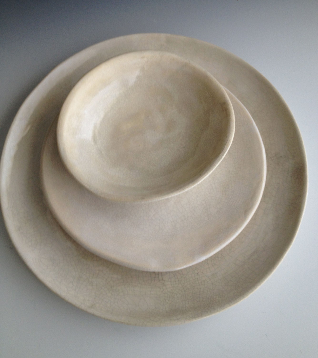 Handmade organic white crackle place setting, slab dinner plate, side plate and dessert bowl by Leslie Freeman
