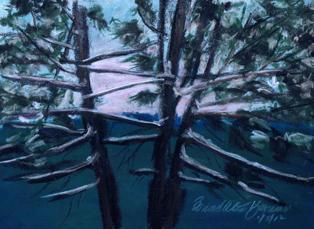 Hemlocks, Snowy Morning, original pastel, framed