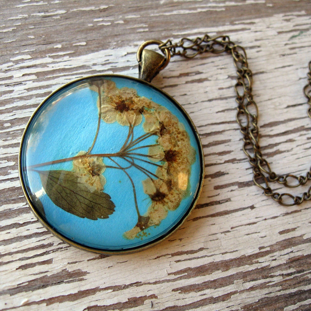 Antique Inspired Blue and Beige Pressed Flower Necklace