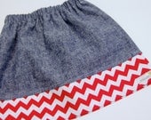 Denim Linen with Red Chevron "June Skirt"   12months to Size 4