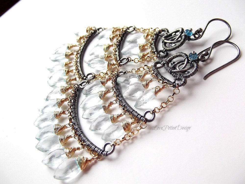 Wire Wrapped Chandelier Earrings in Sterling Silver And Gold Filled 14K With Blue Quartz Briolettes.