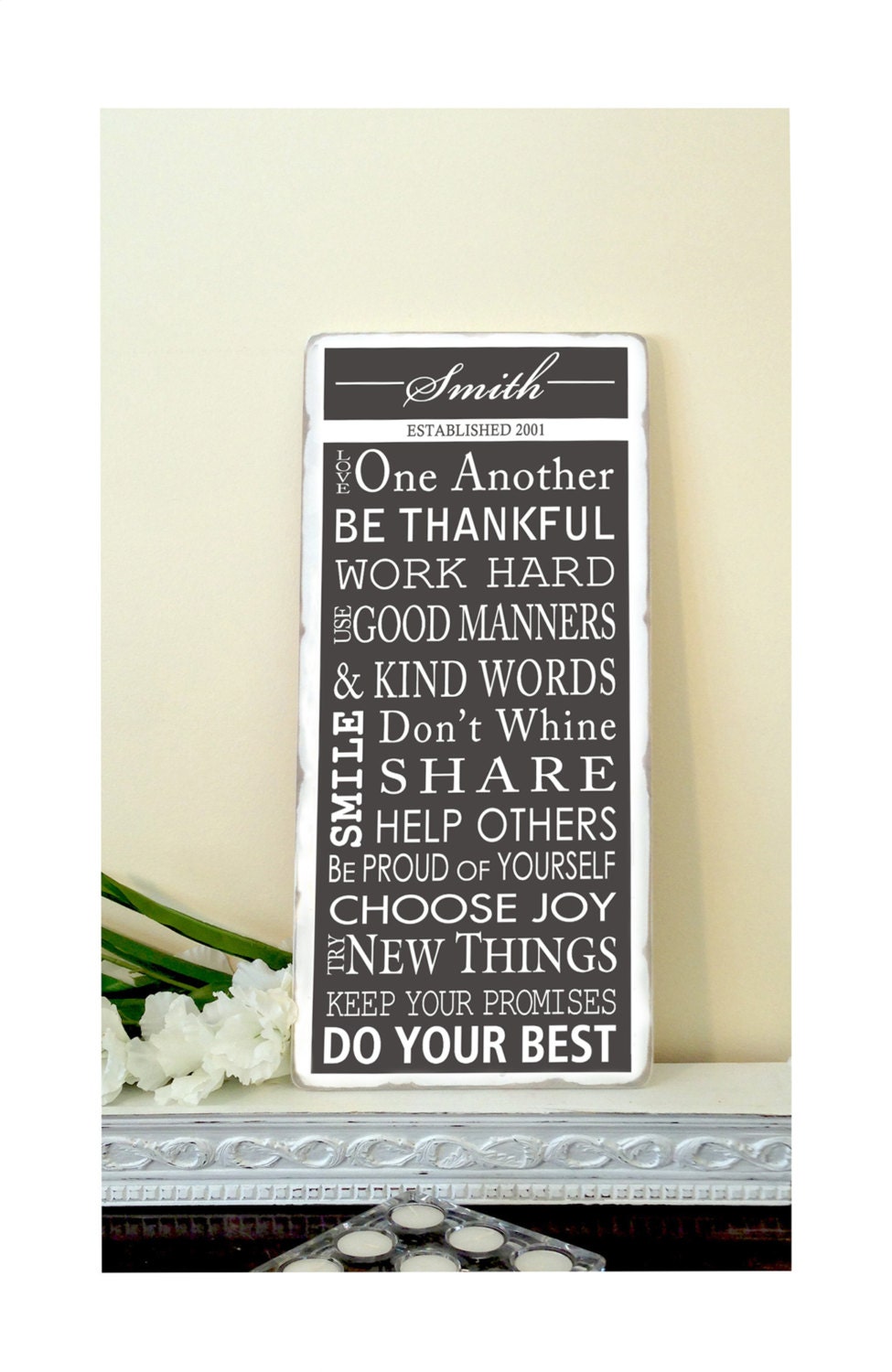 Personalized FAMILY RULES- Customize with your name and date - Typography Word Art Sign on wood- Distressed