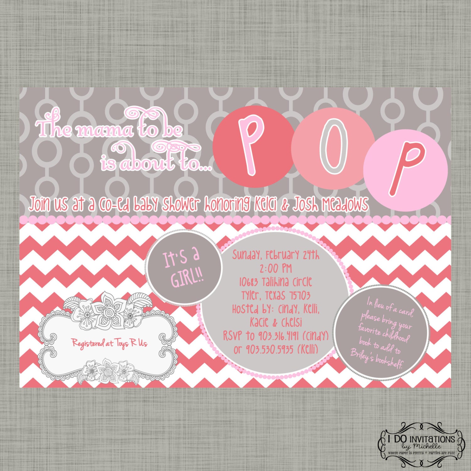 The mama to be is about to POP Baby Shower Invitation - Pink, Coral & Gray - Digital File