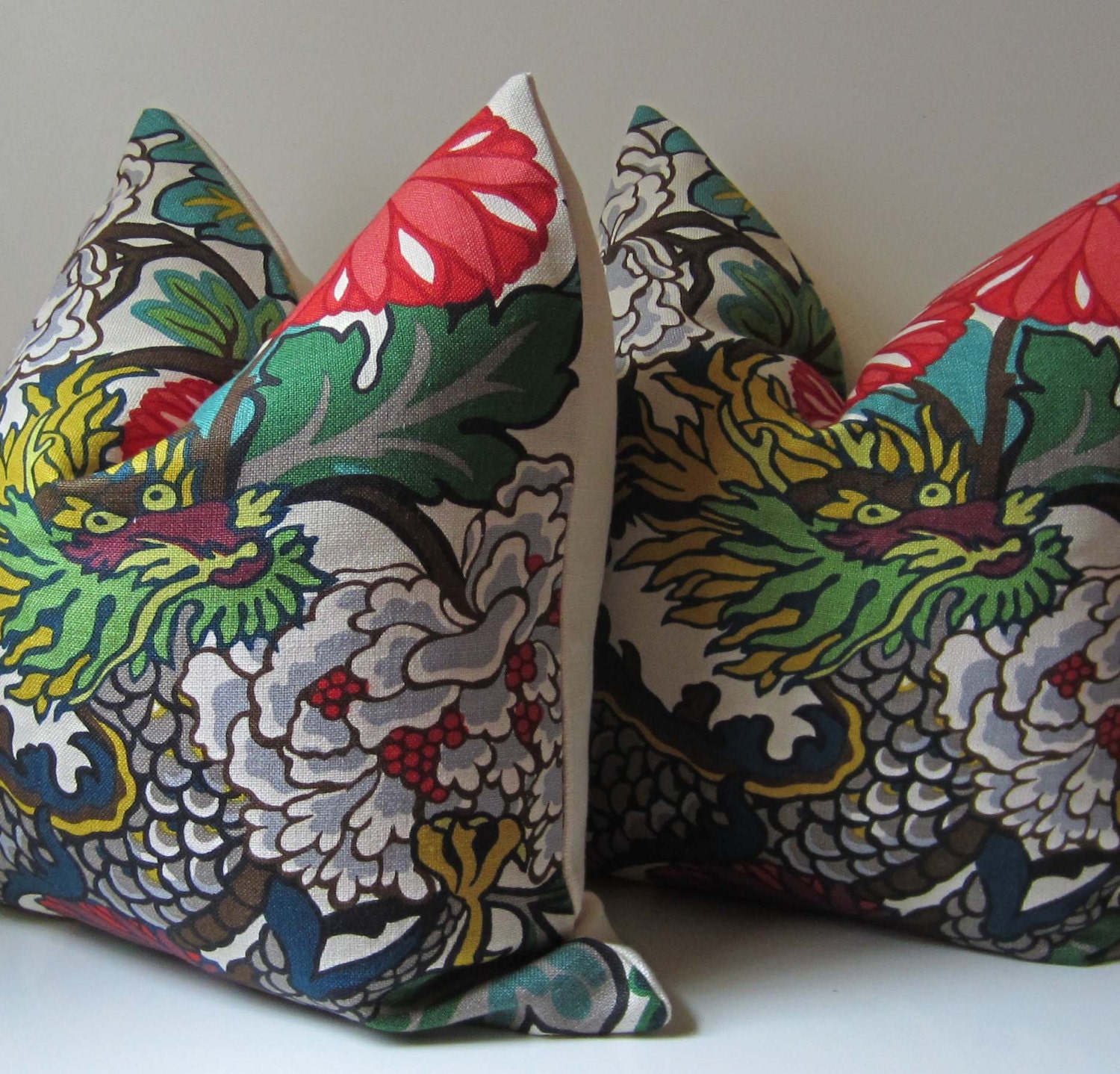 Set of Two - Chiang Mai Dragon - Decorative Pillow Covers - 20 inch  - Schumacher - citron  - turquoise - teal - gray - red - ready to ship