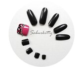 Leopard Pink Nail Art Black Almond and Toenail Tips Set (2cm size big toe) oval 3d nail art fake nails acrylic pedicure black chain w/Glue