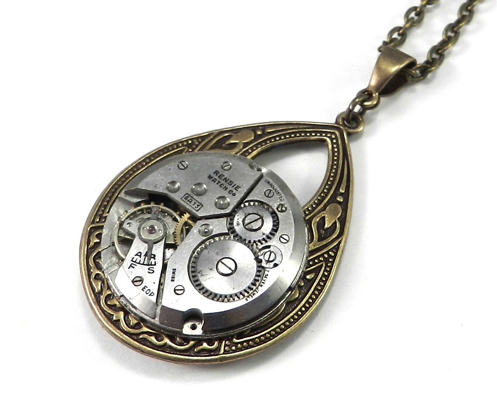 Steampunk Necklace - Antique Watch Movement Teardrop Opera Length Necklace - Mechanical Watch Movement Pendant on Brass