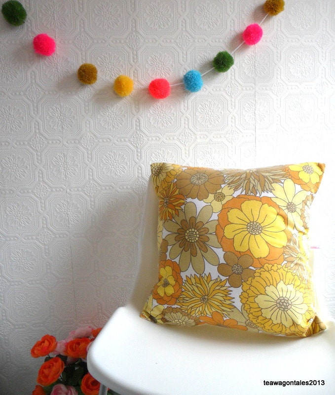 Cushion - Pillow Cover in Yellow Vintage Floral Retro Fabric